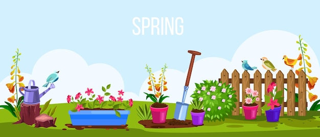 Vector escena de paisaje floral de jardinería de verano de dibujos animados. concepto ecológico del medio ambiente del jardín de primavera