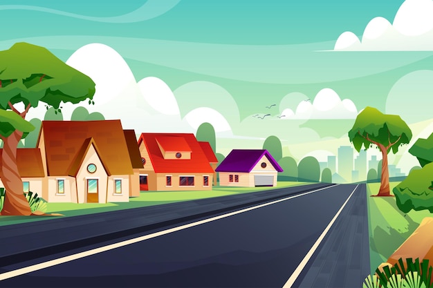 Escena Paisaje de la hermosa naturaleza con casas y carreteras con árboles verdes y cielo azul.