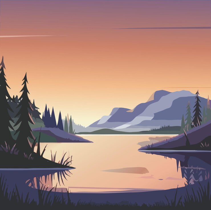 Vector escena de paisaje natural vectorial con montaña y río