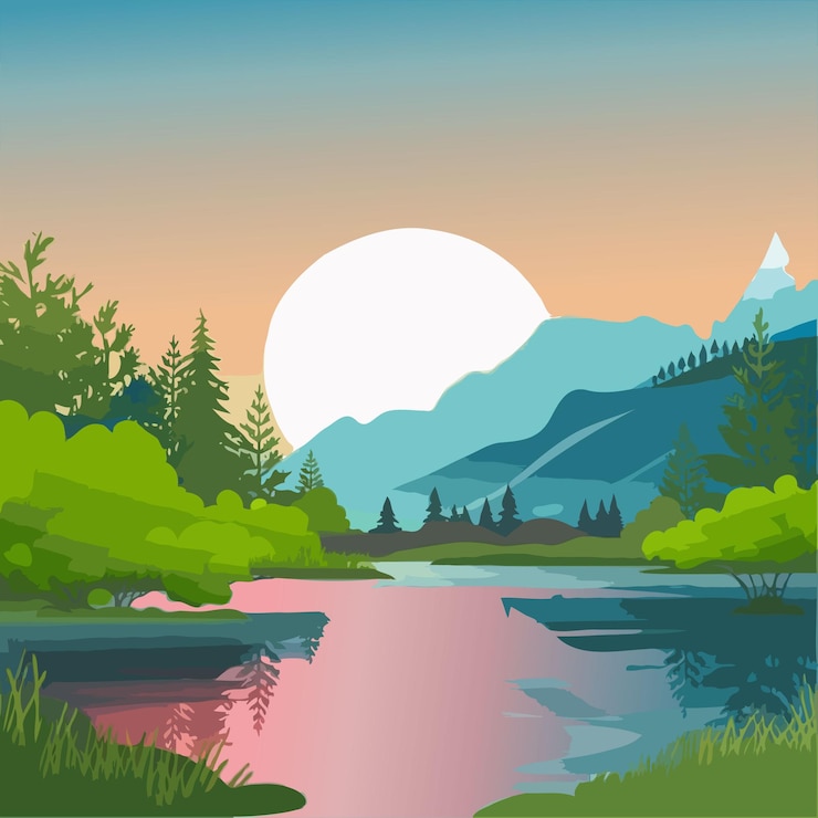 Vector escena de paisaje natural vectorial con montaña y río