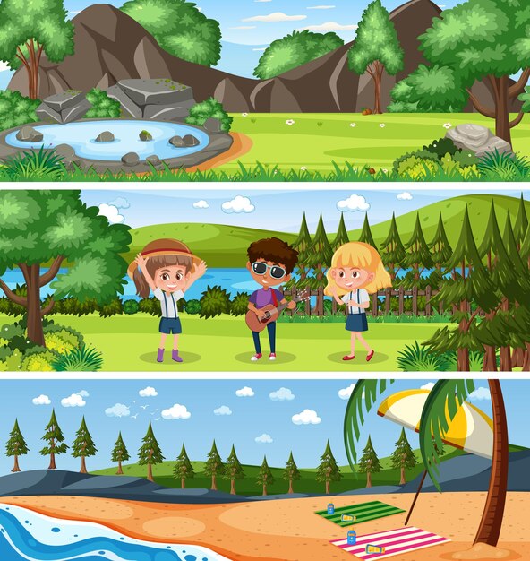Escena de paisaje de naturaleza diferente ambientada con personaje de dibujos animados