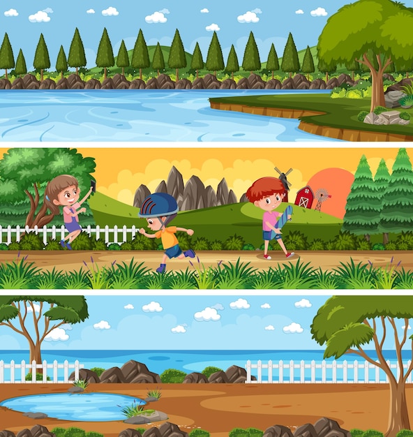 Vector escena de paisaje de naturaleza diferente con personaje de dibujos animados