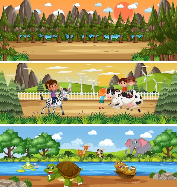 Escena de paisaje de naturaleza panorámica con personaje de dibujos animados