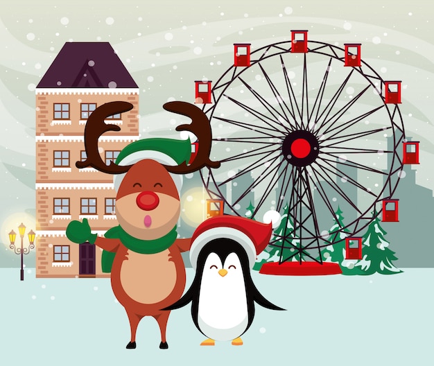 Vector escena de paisaje nevado de navidad con renos y pingüinos