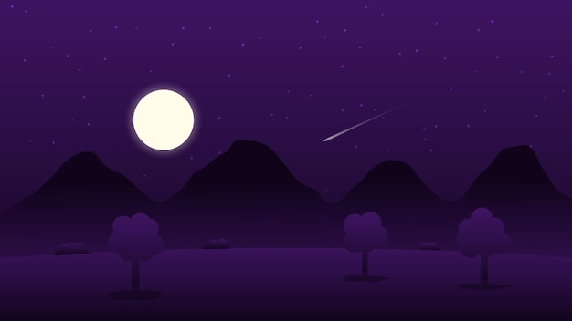 escena del paisaje nocturno con luna llena y estrellas brillantes en el fondo del cielo oscuro