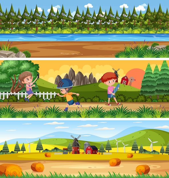 Vector escena de paisaje panorámico al aire libre con personaje de dibujos animados