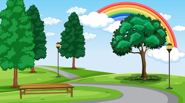 Vector escena del paisaje del parque con arco iris en el cielo.