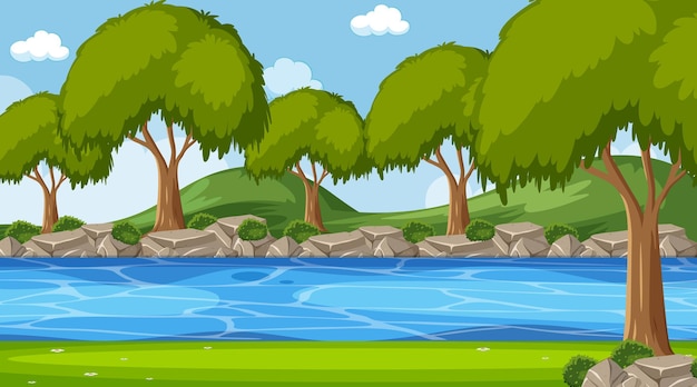 Vector escena de paisaje de parque de naturaleza vacía con río