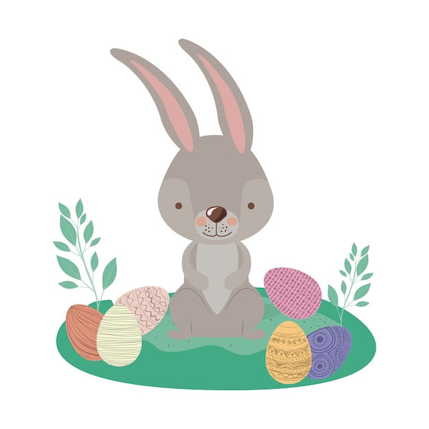 Escena del paisaje de Pascua con conejo y huevos de Pascua