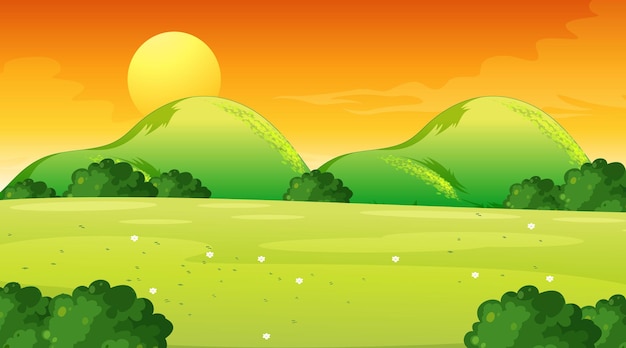 Vector escena de paisaje de pradera en blanco al atardecer