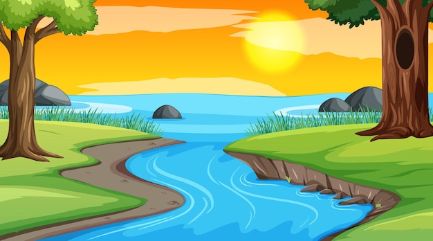 Vector escena del paisaje del río a través del bosque.