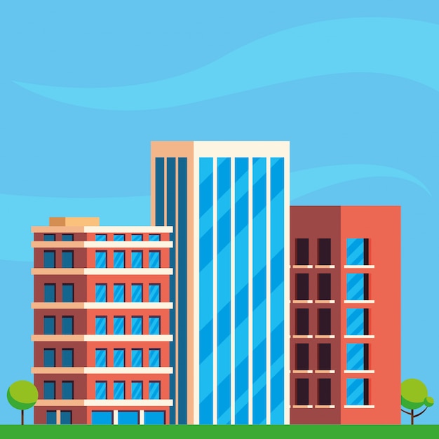 Vector escena de paisaje urbano de construcción de edificios