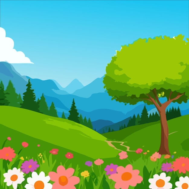 Vector escena de paisaje vectorial de un día de primavera