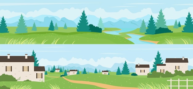 Escena de paisaje de verano en el campo de montaña pueblo europeo en el valle del río