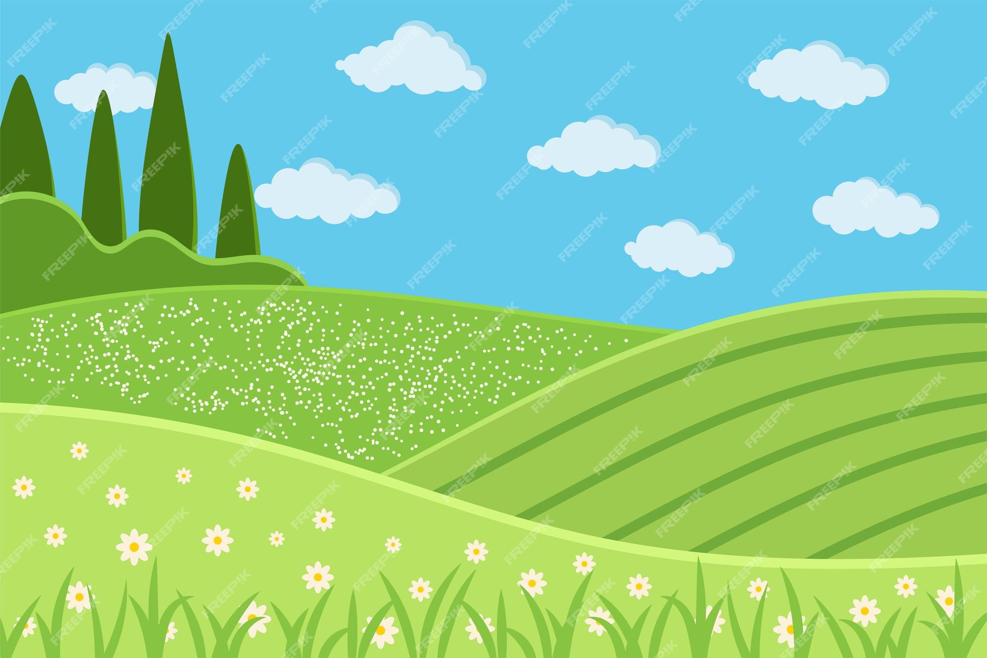 Escena de paisaje verde rural. fondo de paisaje de verano con campos verdes, pradera, nubes, hierba, flores, árboles, cielo azul. ilustración de vector de estilo de dibujos animados de diseño plano. | Escena de paisaje verde rural. fondo de paisaje de verano con campos verdes, pradera, nubes, hierba, flores, árboles, cielo azul. ilustración de vector de estilo de dibujos animados de diseño plano. |
