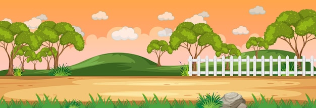 Escena de panorama de la naturaleza al atardecer con muchos árboles y montañas