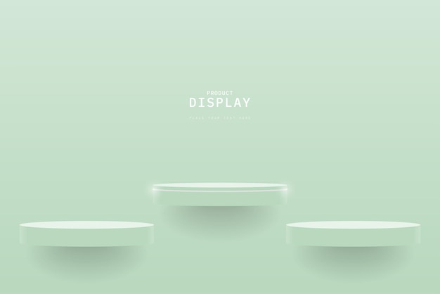 Escena de pared minimalista verde con un conjunto de podio de cilindro 3D realista verde flotando en la pared