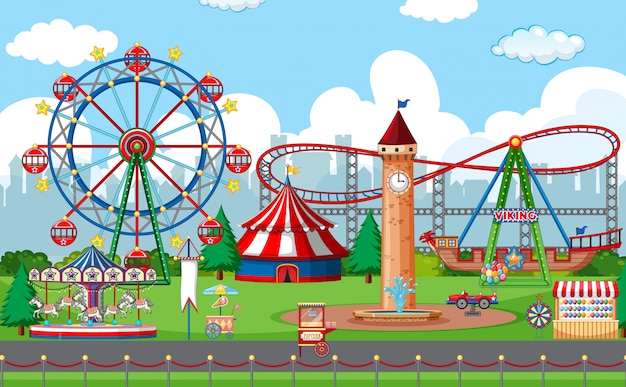 Una escena de parque de atracciones al aire libre.