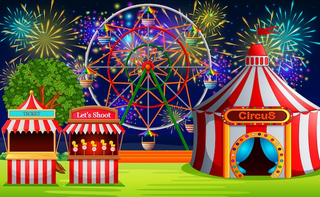 escena del parque de atracciones con carpa de circo y fuegos artificiales