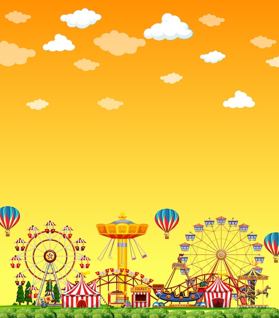 Escena del parque de atracciones durante el día con cielo amarillo en blanco