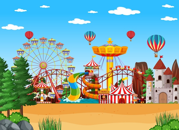 Escena del parque de atracciones durante el día con globos en el cielo.