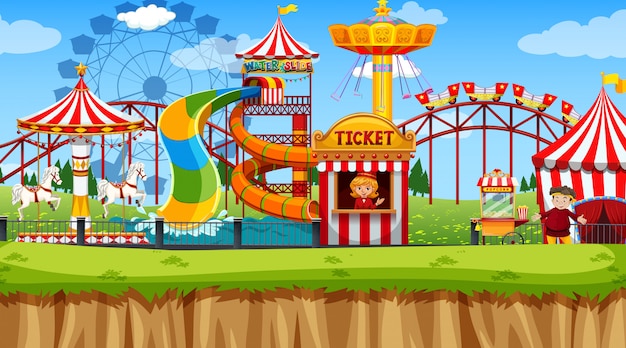 Escena del parque de atracciones en el parque