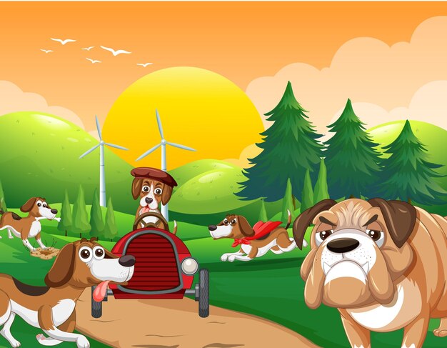 Escena del parque con dibujos animados de muchos perros.