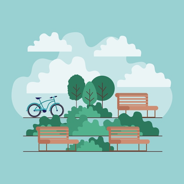 escena del parque con silla y bicicleta