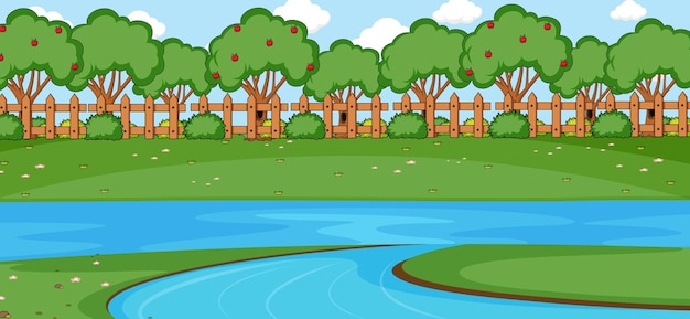 Vector escena del parque vacío con río en estilo simple