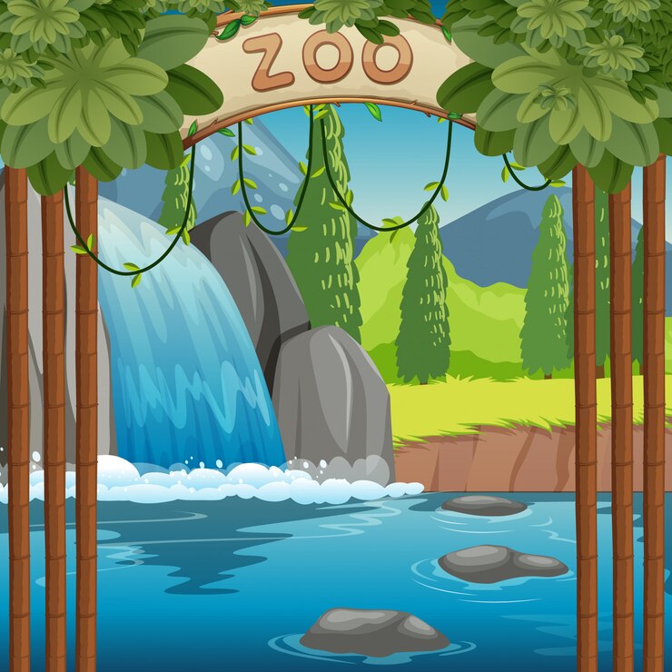 Vector escena del parque zoológico con cascada