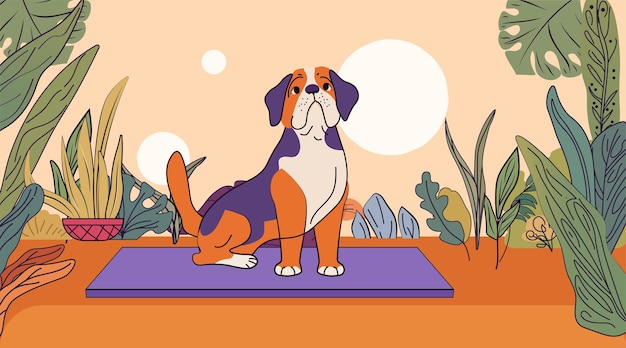 Escena de perro en la naturaleza rodeado de plantas exuberantes diseño colorido con tonos naranja y verde lúdico