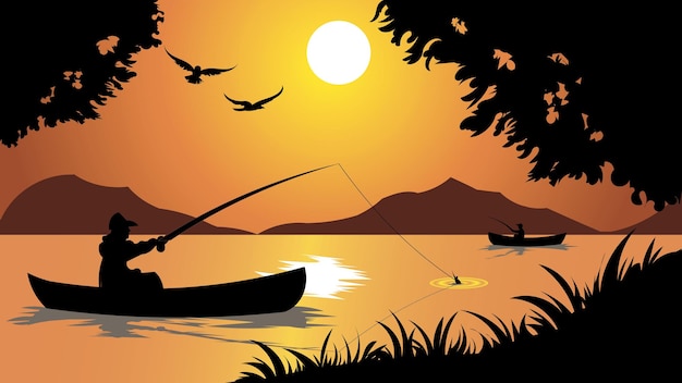 Vector escena de pesca con la silueta de un pescador en canoa en un lago al atardecer paisaje de verano sereno