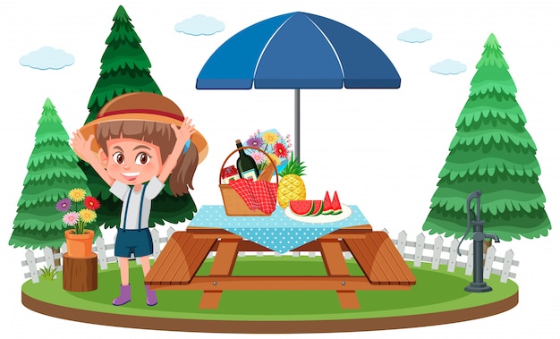 Escena de picnic con comida en la mesa y niña feliz en la mesa