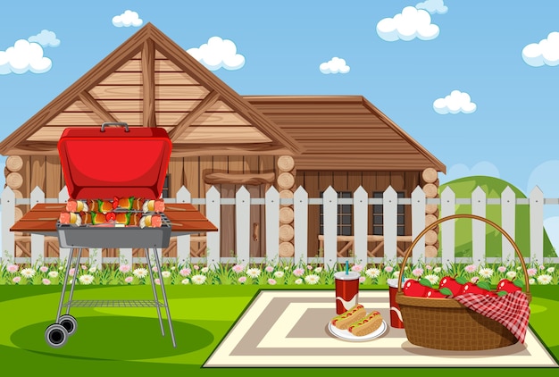 Vector escena de picnic con comida en la mesa y parrilla en el jardín