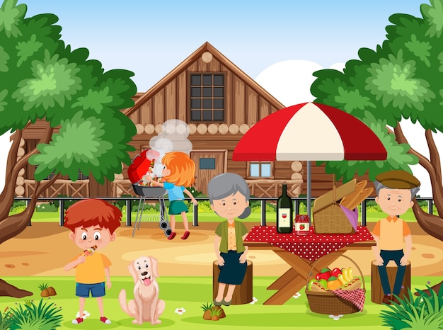 Escena de picnic con familia feliz en el jardín.