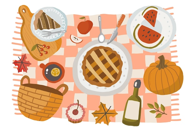 Escena de picnic de otoño con sabrosa comida de temporada, decoración, atuendo. tarta de manzana, calabaza, fruta, vino, té