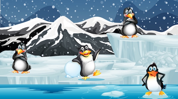 Escena con pingüinos en hielo