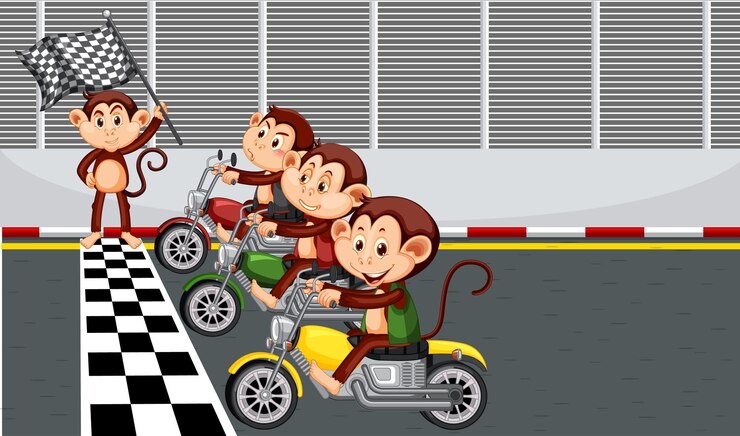 Vector escena de pista de carreras con monos montando motocicletas.