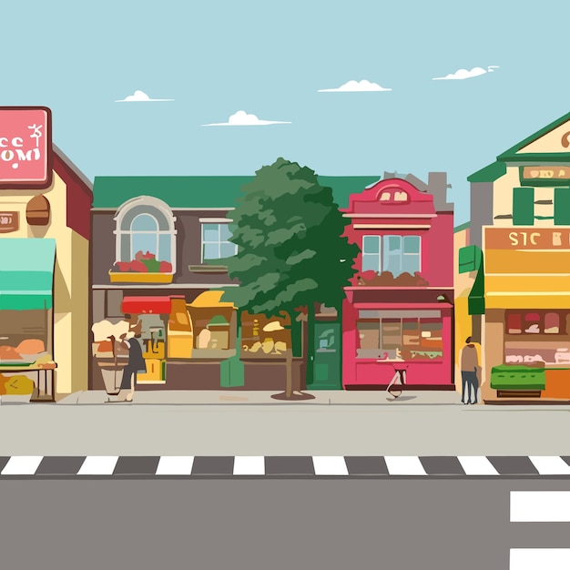 Vector escena plana de hermoso paisaje urbano con tienda de construcción de hight y calle con ilustración de parque