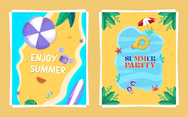 Escena plana de playa de verano con cámara de paraguas flotante y vibraciones de fiesta para la plantilla de invitación