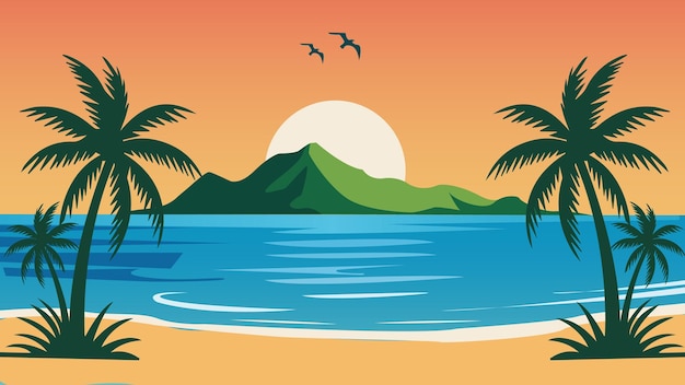 Escena de la playa al atardecer con palmeras e isla