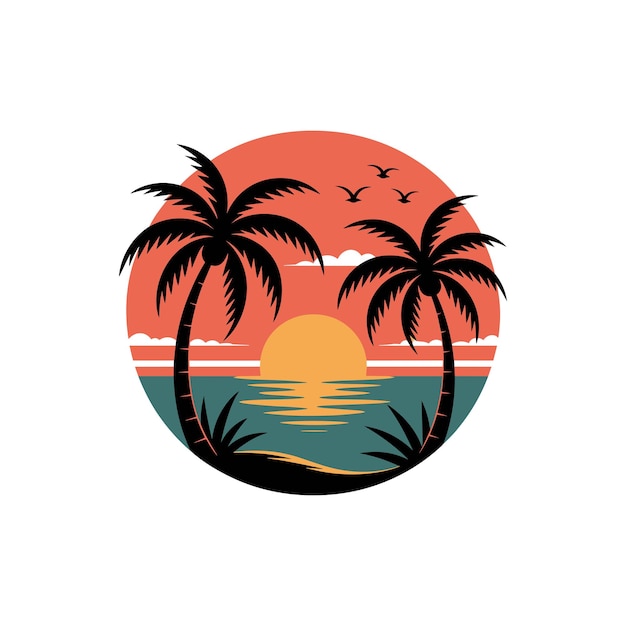 Escena de la playa al atardecer con palmeras