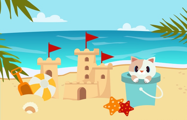 Escena de playa con arena de castillo, gato en el tanque.