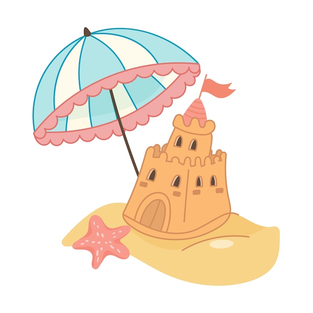Escena de playa con un castillo de arena con paraguas y estrellas de mar
