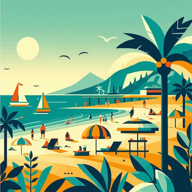 Vector una escena de playa con una escena de playa y una escena de praia con una scena de playa y palmeras