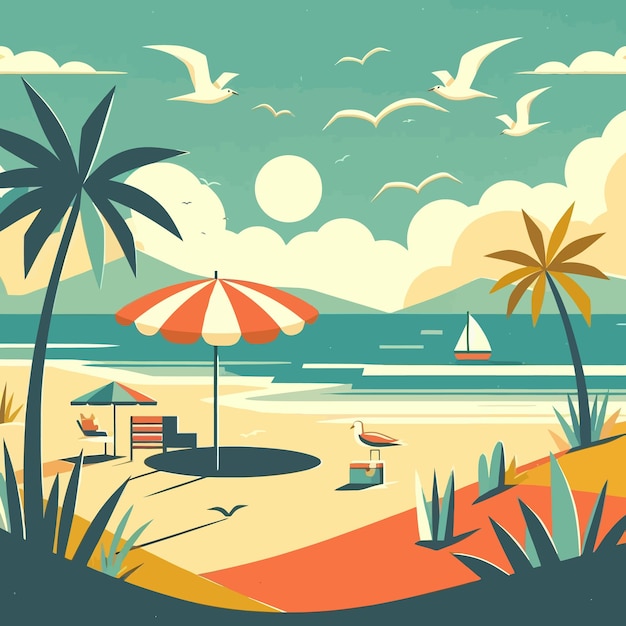 Vector una escena de playa con una escena de praia con una palmera y un paraguas de playa