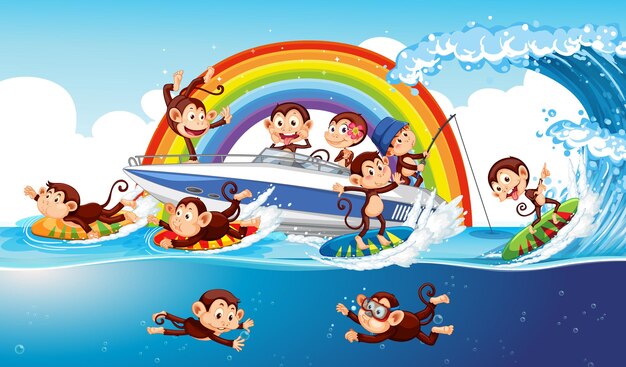 Escena de playa con monos haciendo diferentes actividades.