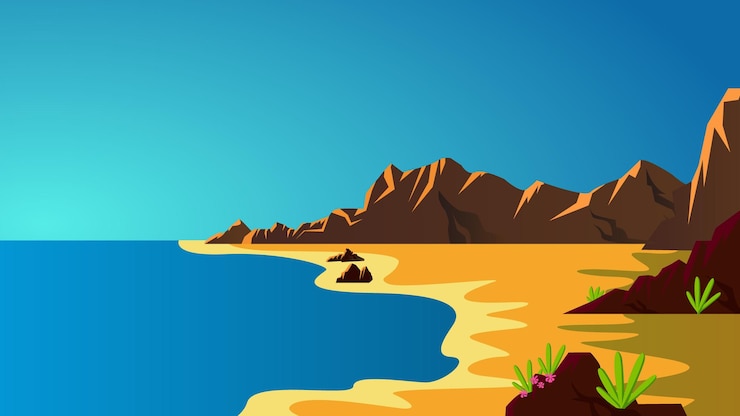 Vector una escena de playa con una montaña y una playa con un cielo azul.