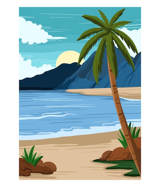 una escena de playa con una palmera y el océano en el fondo