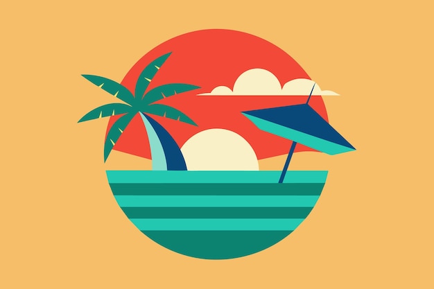 una escena de playa con palmeras y un barco y palmeras